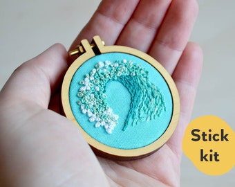 tiny embroidery hoop kit, miniature embroidery pattern, ocean, beach, diy jewelry, diy embroidery, beginner embroidery, hand embroidery