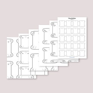 Könnte beinhalten: Ein Stapel weißer Papierbögen mit einem Design für Garnspulen. Jedes Blatt hat ein anderes dekoratives Element, darunter Schneeflocken, Blumen und Blätter. Der Text "Floss Bobbins" ist auf einem Blatt zu sehen.
