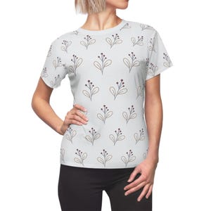Women T-Shirt with Plant Pattern, Bright Shirt with Subtle Pattern