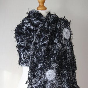 Black wool wrap, Black and white wool shawl, Black blanket scarf