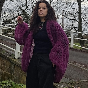 Chic plum colour cardigan, Mohair blend cardigan, Purple open stitch cardigan, Size S- L
