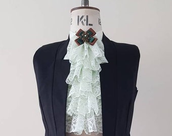 Pale green lace jabot, Light green lace cravat, Historical accessory