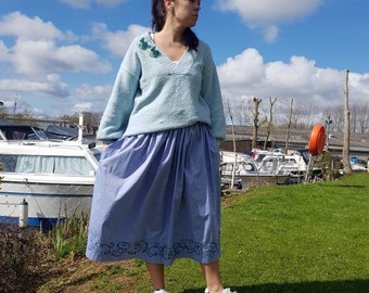 Light blue midi skirt, Cotton midi skirt, Blue and green skirt