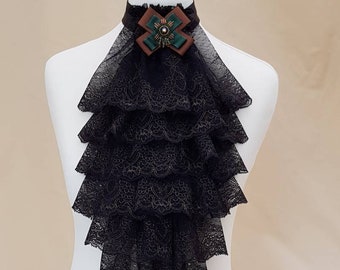 Black lace jabot, Black and gold lace cravat, Historical accessory