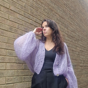Violet mohair cardigan, Light purple handknitted cardigan, Size M-L