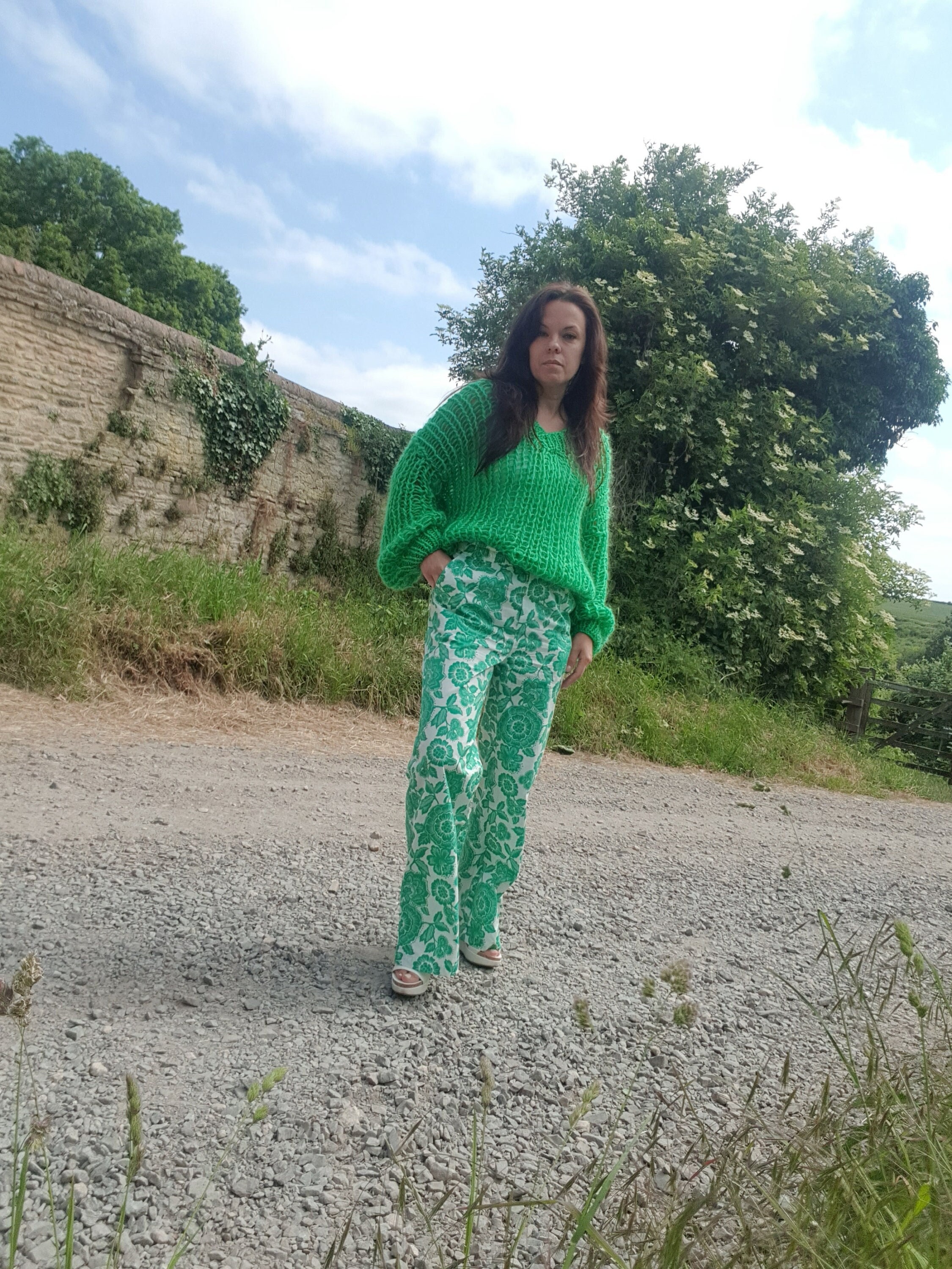 Green open stitch mohair jumper, Green wool oversized jumper, Green cosy wool jumper Size S-L