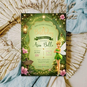 Inbjudan till Tingeling-älva som födelsedag, inbjudan till magisk älva i trädgården, Peter Pan-flickans födelsedag, redigerbar Canvas-mall