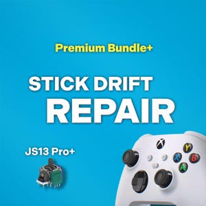 May include: A white Xbox controller with black buttons and a green, black, and silver joystick component. The text "STICK DRIFT REPAIR" is displayed in large white letters, with "Premium Bundle+" above and "JS13 Pro+" below.