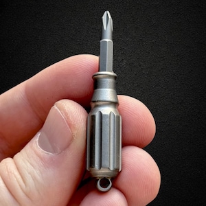 May include: A small, silver-colored screwdriver with a Phillips head. The handle is cylindrical with vertical grooves and a small loop at the base. The tool is held against a dark background.
