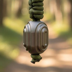 Puede incluir: Un colgante metálico gris con un diseño acanalado, suspendido de un collar de cuerda verde. El colgante tiene una forma cilíndrica redondeada con ranuras verticales. El collar está anudado en la parte superior e inferior del colgante, sobre un fondo borroso de bosque.