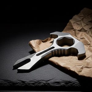 Può includere: Un multiutensile argentato con design a martello, chiave inglese e piede di porco. L'utensile in metallo è appoggiato su carta marrone contro uno sfondo scuro. Ha un'apertura esagonale e un'estremità scanalata.