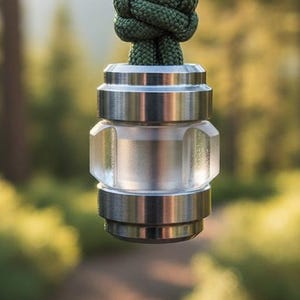 May include: A silver metal pendant with a clear, cylindrical center section, suspended from a green rope. The pendant has a geometric design and is hanging against a blurred background of trees and sunlight.