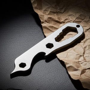 May include: A silver multi-tool featuring a bottle opener, wrench, and hexagonal cutouts. The metal tool rests on a dark surface beside crumpled brown paper. The design is sleek and modern.