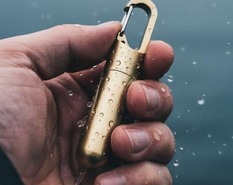 Solid Brass Waterproof Container Keychain, EDC Daily Supplement Fob, Miniature Outdoor Canister for Everyday Carry