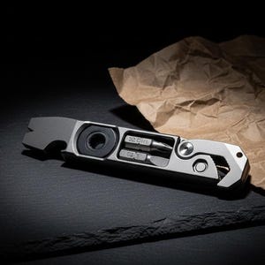 以下が含まれることがあります： ボトルオープナーとドライバービットを含む、さまざまな機能を備えたシルバーのマルチツール。 このツールは金属製で、洗練されたモダンなデザインです。 暗い表面に、くしゃくしゃの茶色の紙を背景に表示されています。