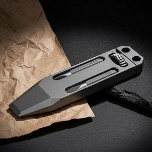 May include: A grey multi-tool with a flat head and two screwdriver bits. The tool has a textured finish and a small loop at the end. It is lying on a dark surface next to a piece of crumpled brown paper.