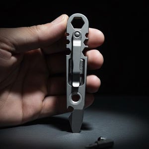 May include: A silver multi-tool held in a hand, with a hexagonal socket, bottle opener, and a small bit. The tool has a clip and a small bit is lying on the surface. The tool is designed for various tasks.
