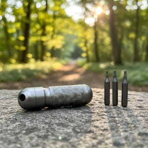 Może przedstawiać: Szary metalowy śrubokręt z dekoracyjnym wzorem fal i trzema wymiennymi bitami. Śrubokręt jest cylindryczny z zaokrąglonym końcem i otworem na bit. Bity stoją pionowo na kamiennej powierzchni.