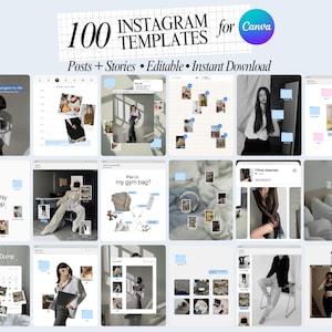 Puede incluir: Un producto digital que muestra 100 plantillas de Instagram para Canva. La imagen presenta varios diseños de plantillas con superposiciones de texto, incluyendo "Posts + Stories" y "Editable". Las plantillas tienen una estética minimalista centrada en el contenido visual.