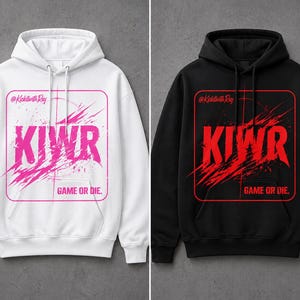 May include: Two hooded sweatshirts, one white and one black. Each features a rectangular design with the text "KIWR" in a bold, stylized font, accompanied by "GAME OR DIE." The white hoodie has a pink design, while the black hoodie has a red design.