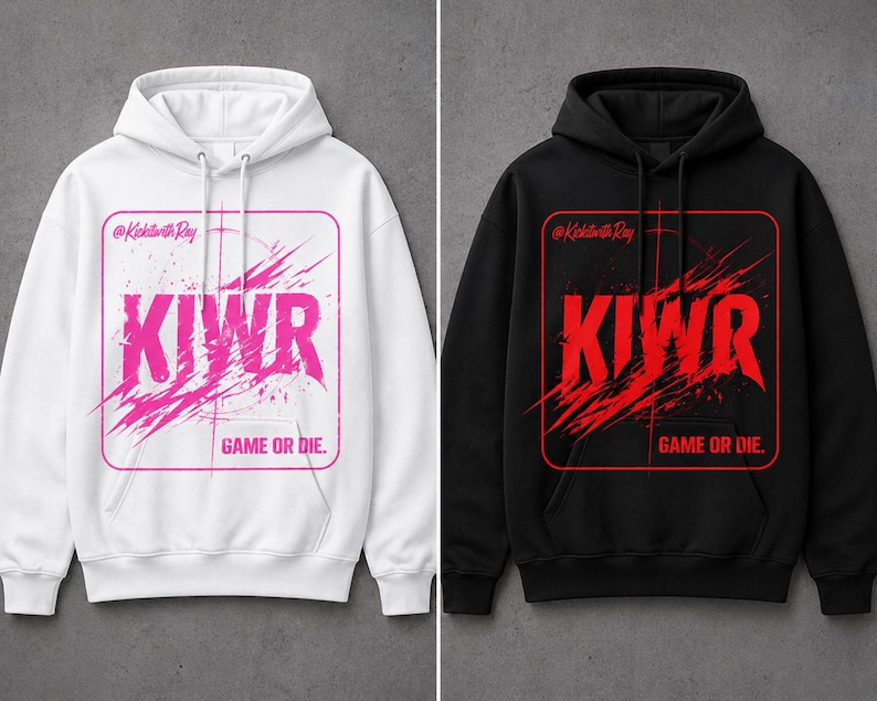 May include: Two hooded sweatshirts, one white and one black. Each features a rectangular design with the text "KIWR" in a bold, stylized font, accompanied by "GAME OR DIE." The white hoodie has a pink design, while the black hoodie has a red design.