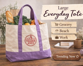 Trader Joe’s Large Purple Canvas Tote Bag | Reusable Carryall | Grocery, Beach, Work Tote | Durable Shopping Bag | Optional Custom Name Gift