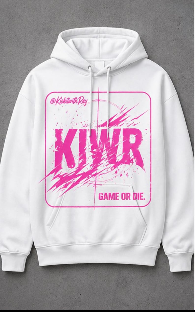 May include: White hooded sweatshirt with a pink graphic design. The design includes the text "KIWR" in large letters, the phrase "GAME OR DIE," and the text "@KickitwithRay."