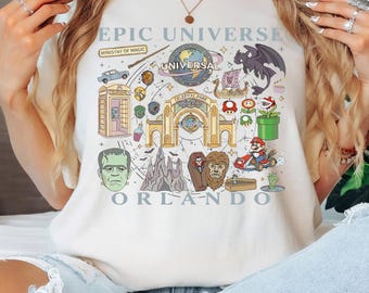 Camiseta Comfort Colors inspirada en los iconos del universo épico, camiseta con iconos universales, regalo sencillo y genial para los amantes de los parques temáticos.