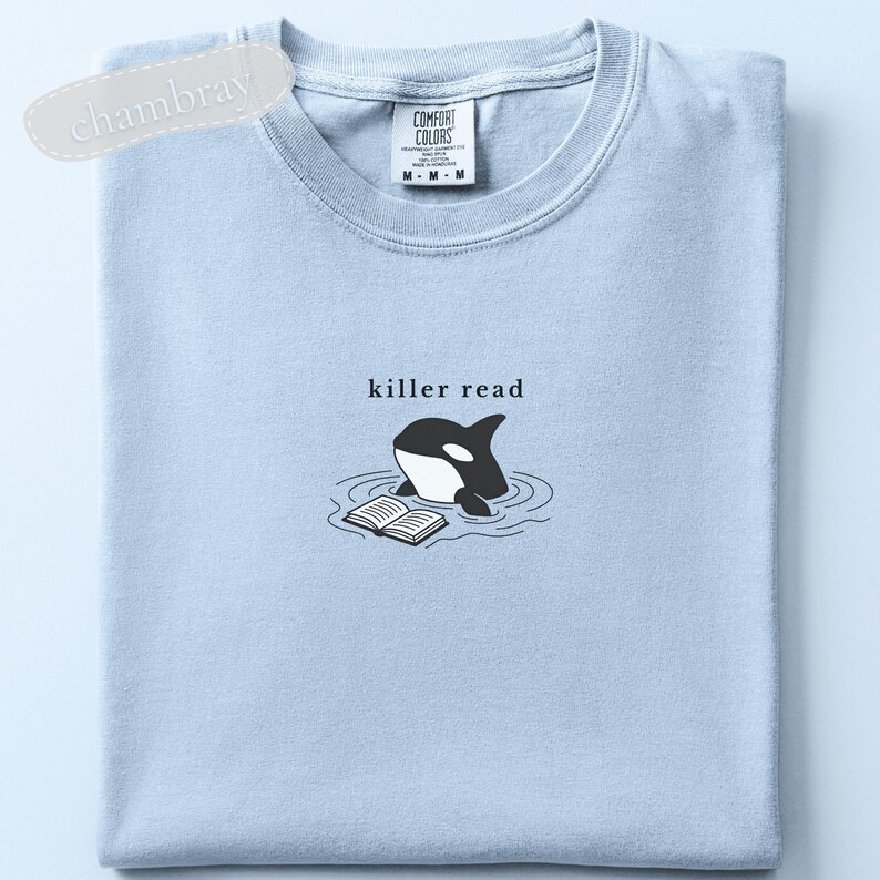 Camiseta bordada Killer Read Orca, camiseta para amantes de los libros con temática oceánica, colores cómodos, regalo para lectores de playa, camiseta playera para amantes de los libros, camiseta BookTok imagen 8