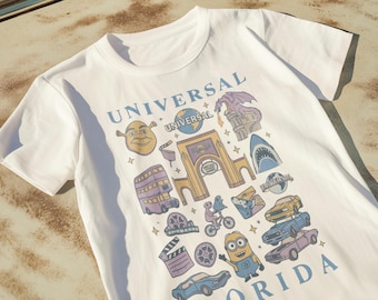 Camiseta con collage de iconos de Universal Studios Florida, atracciones de parques temáticos, Comfort Colors