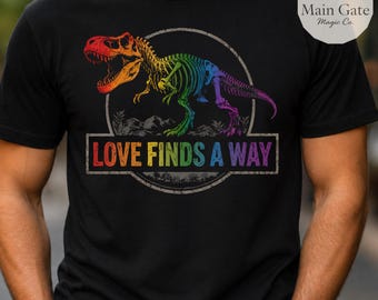 Camiseta "El amor encuentra el camino", camiseta de dinosaurio del orgullo, camiseta de esqueleto T-Rex arcoíris, regalo del mes del orgullo LGBTQ, camiseta sin mangas de dinosaurio para adultos