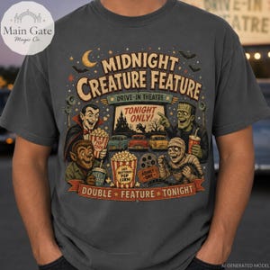 Puede incluir: Una camiseta gris carbón con un estampado gráfico que incluye el texto "MIDNIGHT CREATURE FEATURE", "DRIVE-IN THEATRE", "TONIGHT ONLY!", "HOT BUTTERED POP CORN", "ADMIT ONE" y "DOUBLE FEATURE TONIGHT" junto a ilustraciones de monstruos clásicos.