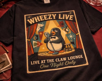 Vintages Wheezy Penguin Lounge Tee, Retro Konzert Grafik Shirt