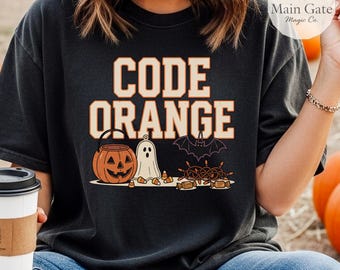 Camiseta Comfort Colors Code Naranja, Camiseta Vintage de Halloween, Camiseta de Temporada Espeluznante, Camiseta de Halloween con Calabaza y Fantasma, Camiseta Linda de Halloween