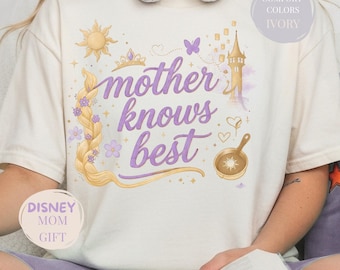 Camiseta "Mother Knows Best" de colores cómodos, camiseta inspirada en Enredados, regalo adorable para mamá, camiseta para el día en los parques de Disney.