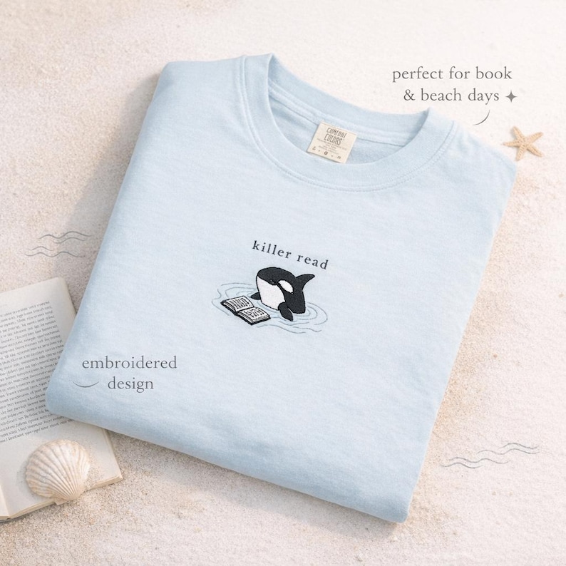Camiseta bordada Killer Read Orca, camiseta para amantes de los libros con temática oceánica, colores cómodos, regalo para lectores de playa, camiseta playera para amantes de los libros, camiseta BookTok imagen 1