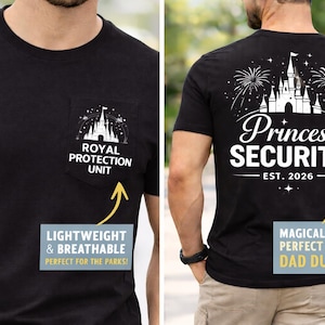Może przedstawiać: Czarna koszulka z kieszonką z grafiką zamku i napisem "ROYAL PROTECTION UNIT". Tył koszulki przedstawia grafikę zamku, fajerwerki oraz słowa "Princess SECURITY EST. 2026".