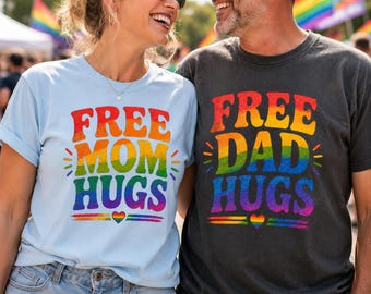 Camiseta del Festival del Orgullo "Abrazos gratis para mamás" y "Abrazos gratis para papás", Camisetas para padres del Orgullo, Camiseta de aliado LGBTQ, Camiseta del Orgullo para padres orgullosos