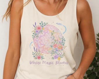 Camiseta sin mangas Comfort Colors inspirada en el estampado floral de Epcot, camiseta Where Magic Blooms inspirada en flores de Disney, conjunto para parques de primavera, camiseta sin mangas para mujer