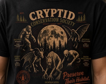 Camiseta o sudadera con capucha de colores cómodos con diseño de críptido, camiseta de Bigfoot Mothman con estampado de diablo, camiseta gráfica de terror vintage, camiseta con temática de naturaleza espeluznante.