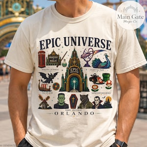 Może przedstawiać: Kremowy t-shirt z krótkim rękawem z nadrukiem graficznym zawierającym tekst EPIC UNIVERSE ORLANDO. Wzór zawiera ilustracje zamku, czerwonej budki telefonicznej, smoka, pawia, gokarta, trumny oraz różnych postaci.