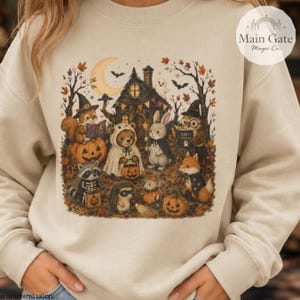Vintage Halloween Storybook Sweatshirt, Cute Halloween Animals Crewneck, Cozy Fall Ghost Reading Sweatshirt, Autumn Cottage, Halloween Tee