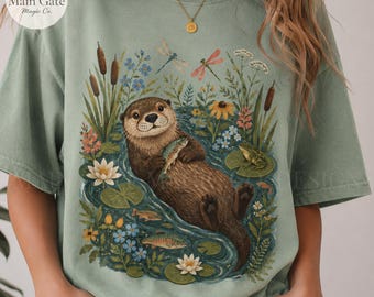 Camiseta Comfort Colors con nutria, camiseta con estampado de nutria y naturaleza, camiseta vintage con estampado de animales salvajes, camiseta estilo cottagecore con estampado animal, camiseta para amantes de los animales, regalo para amantes de la naturaleza.