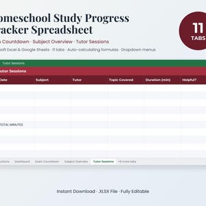 Può includere: Un foglio di calcolo digitale per il monitoraggio dei progressi nello studio a casa per Microsoft Excel e Google Sheets. L'interfaccia presenta una scheda Tutor Sessions con colonne per data, materia, tutor, argomento trattato, durata e stato.
