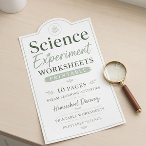 May include: A white paper sheet titled Science Experiment WORKSHEETS PRINTABLE with 10 PAGES STEAM LEARNING ACTIVITIES and Homeschool Discovery text. A magnifying glass with a wooden handle rests on the right side of the paper.