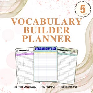 Może przedstawiać: Planer budowania słownictwa z trzema różnymi szablonami list słownictwa. Planer ma białe tło ze słowami "VOCABULARY BUILDER PLANNER" dużymi pomarańczowymi literami. Obraz zawiera również tekst "INSTANT DOWNLOAD", "PNG AND PDF" i "DONE-FOR YOU".