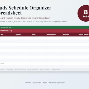 May include: A digital study schedule organizer spreadsheet featuring a Pomodoro log table with columns for date, subject, topic, pomodoros, minutes, and focus rating. The interface includes 8 tabs, auto-calculating formulas, and dropdown menus.