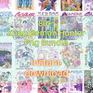 May include: A collection of digital art featuring Kpop Demon Hunter characters. The images showcase various illustrations with vibrant colors and stylized designs. Text includes "80+ Kpop Demon Hunter Png Bundle" and "Instant download".
