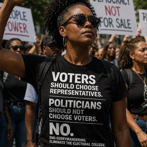 May include: A woman wearing a black t-shirt with white text that reads "VOTERS SHOULD CHOOSE REPRESENTATIVES. POLITICIANS SHOULD NOT CHOOSE VOTERS. NO." She is wearing sunglasses and hoop earrings, with a raised fist. People are in the background.