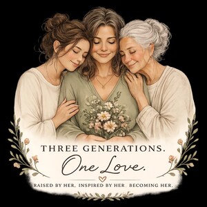 Peut inclure: Illustration de trois femmes d'âges différents s'embrassant, avec le texte "THREE GENERATIONS. One Love." en dessous. Une bordure florale entoure l'image. Le texte "RAISED BY HER, INSPIRED BY HER, BECOMING HER," est également présent.
